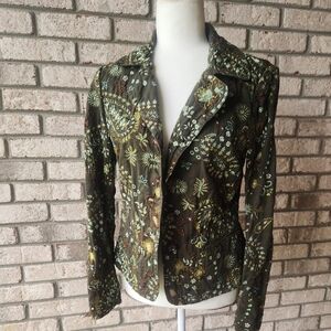 Johnny Was dark green embroidered 3 button contured paisley, bohemian jacket M